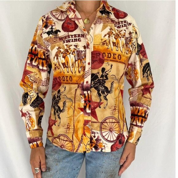90s vintage panhandle western cowboy rodeo graphic music print button up shirt - Picture 1 of 10